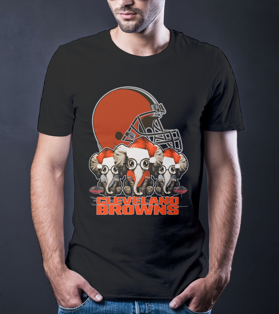 Cleveland Browns Christmas Elephants With Santa Hats T-Shirt