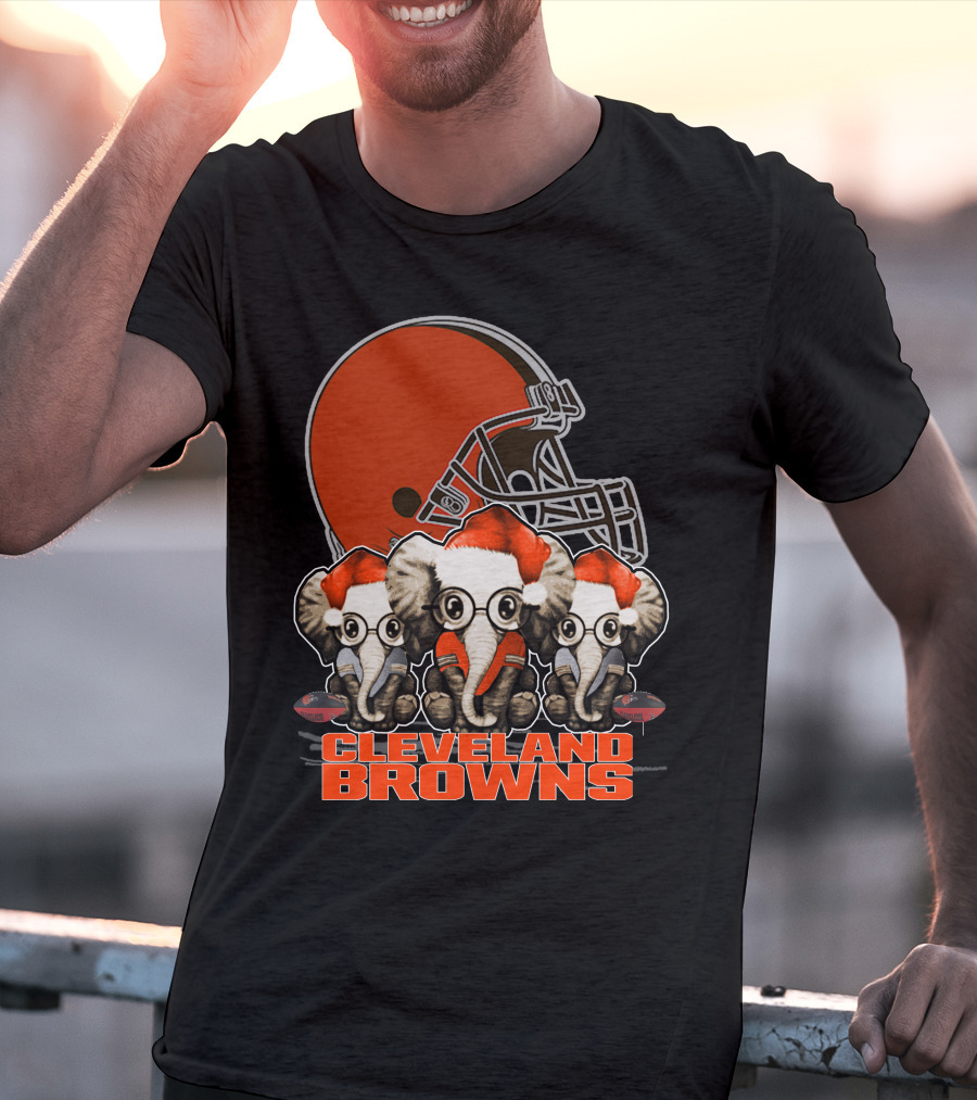 Cleveland Browns Christmas Elephants With Santa Hats T-Shirt