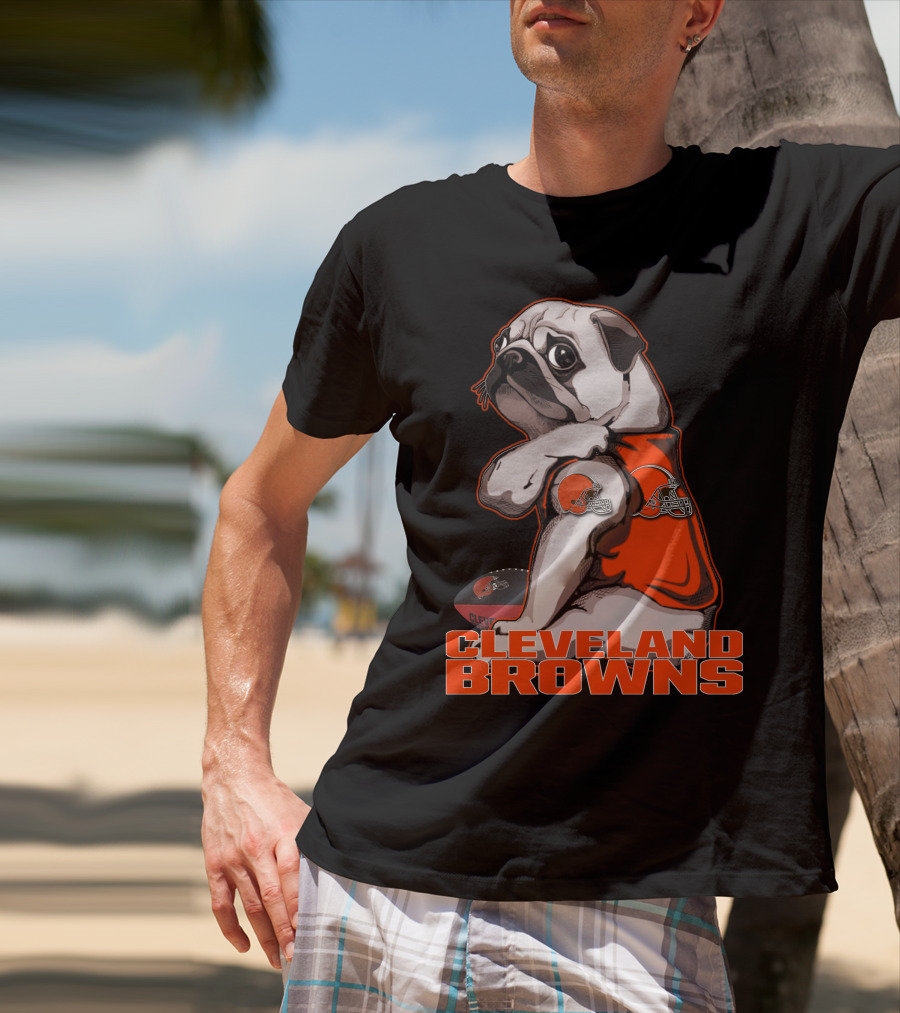 Cleveland Browns Pug In Orange Jersey With Football And Helmet T-Shirt
