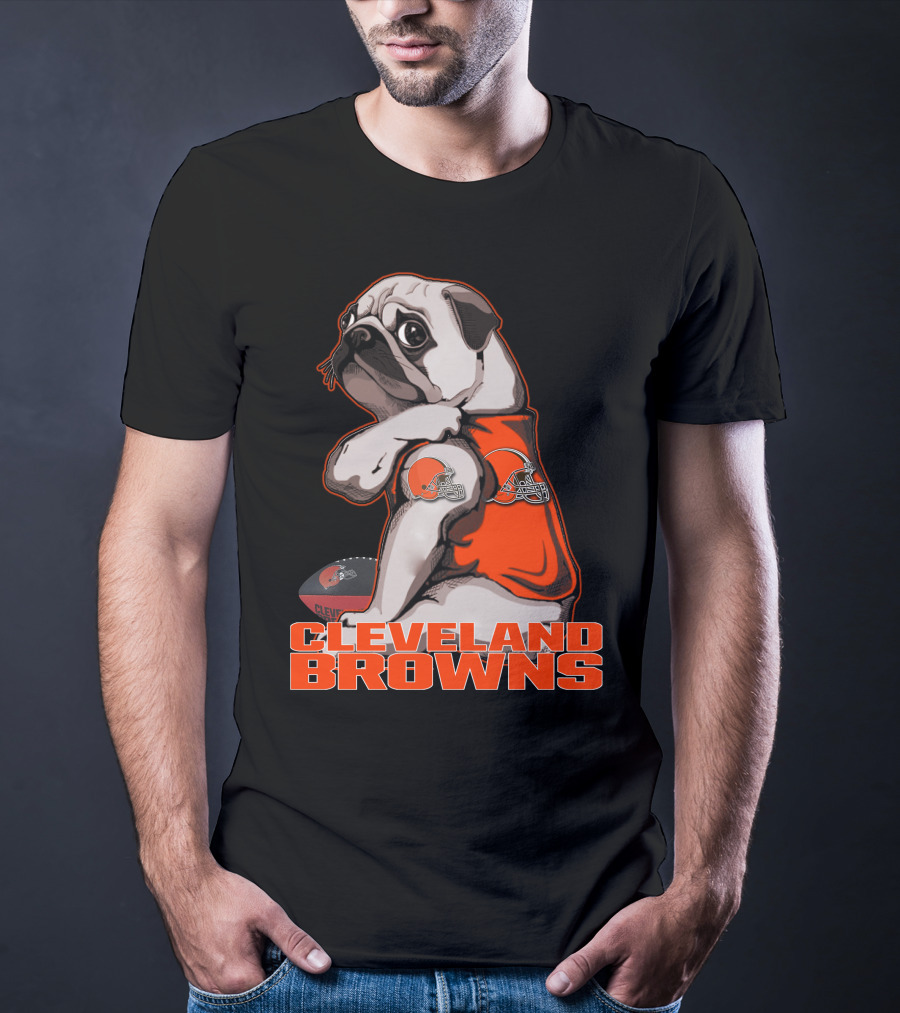 Cleveland Browns Pug In Orange Jersey With Football And Helmet T-Shirt
