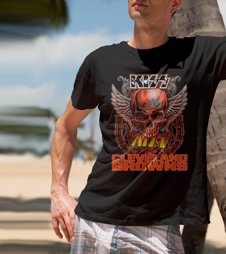 Kiss Cleveland Browns Skull Helmet Wings Chains T-Shirt
