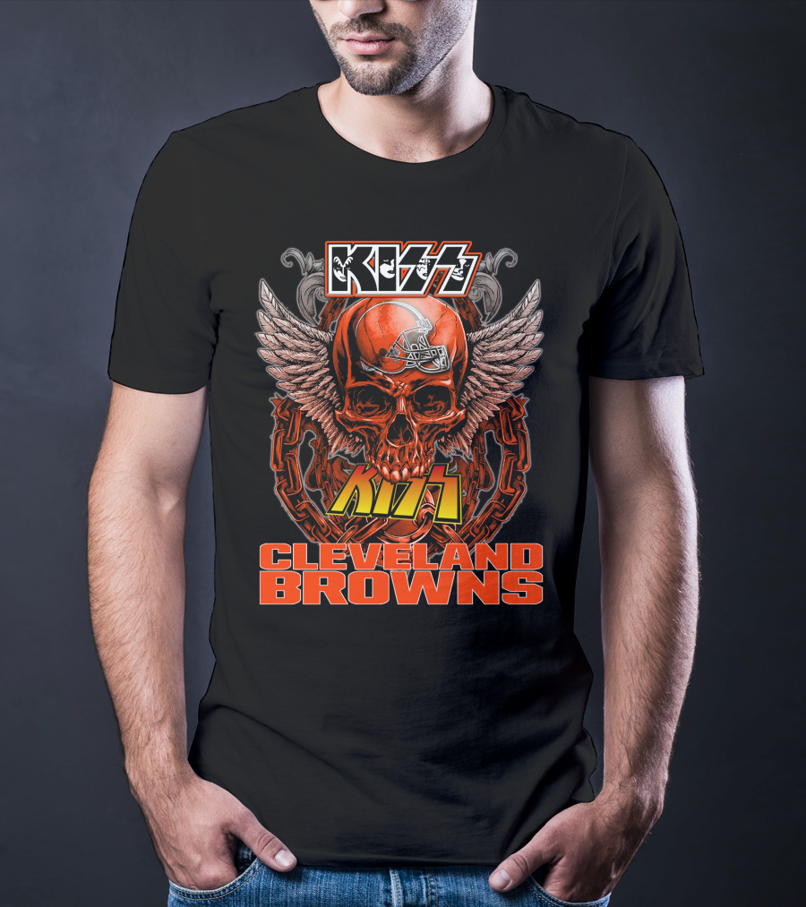 Kiss Cleveland Browns Skull Helmet Wings Chains T-Shirt