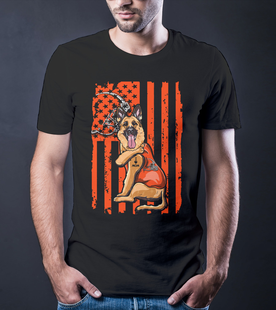 Cleveland Browns German Shepherd Dog And Football Helmet With Orange Flag Background T-Shirt