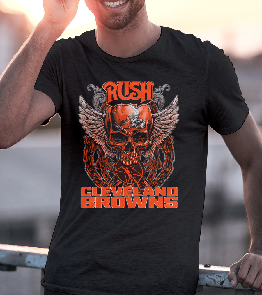 RUSH Cleveland Browns Skull Helmet Wings Chain T-Shirt