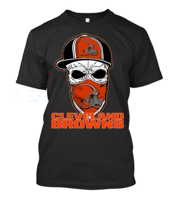Cleveland Browns Skull With Helmet Hat And Face Mask T-Shirt