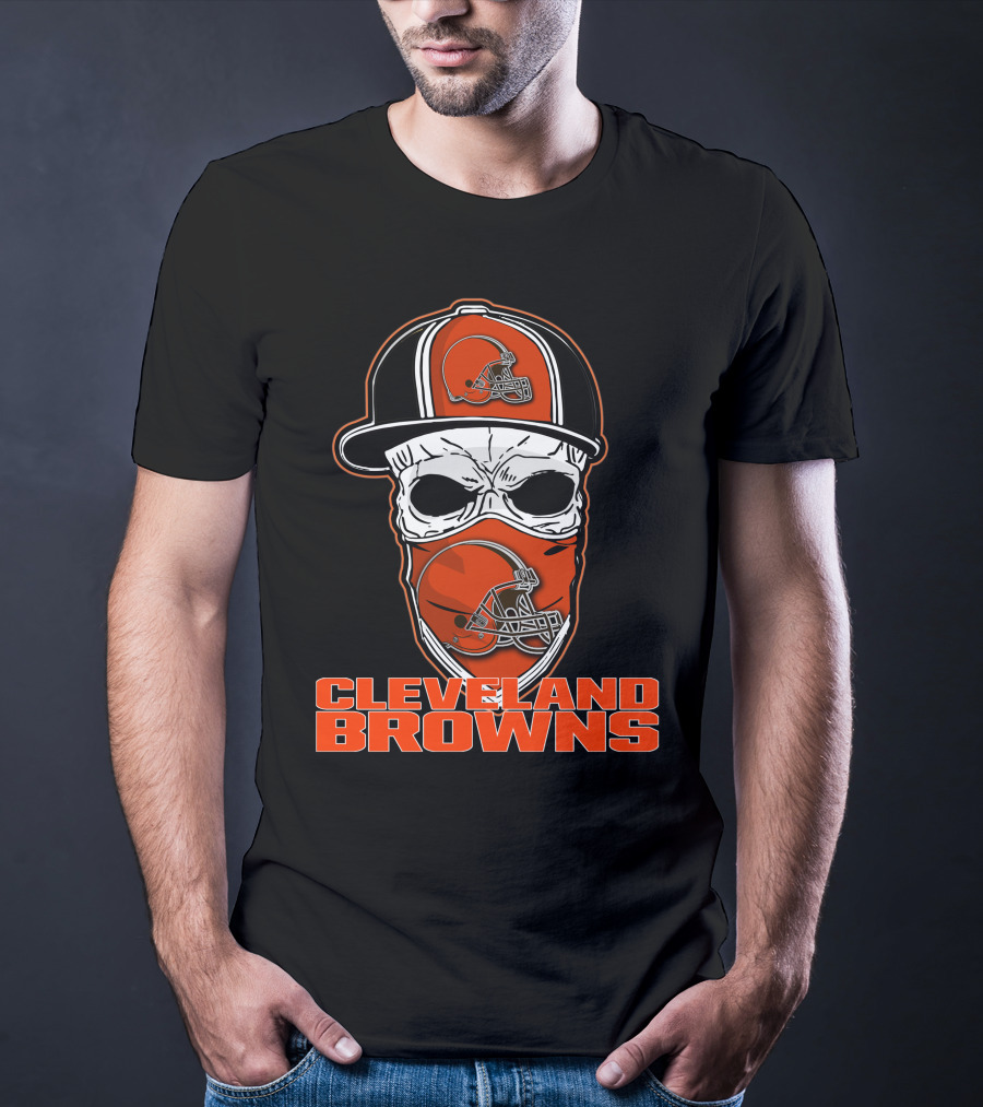 Cleveland Browns Skull With Helmet Hat And Face Mask T-Shirt