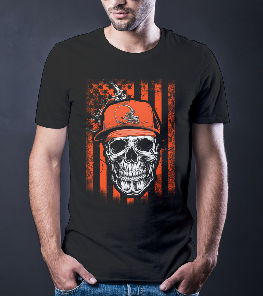 Skull In Cleveland Browns Helmet With Orange And Black Stripes T-Shirt