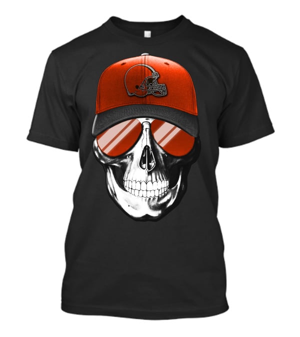 Cleveland Browns Skull With Football Helmet Hat And Sunglasses T-Shirt