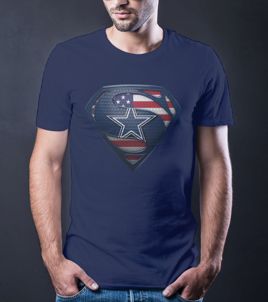 Spm DALLAS COWBOYS Superman Shield American Flag Star T-Shirt