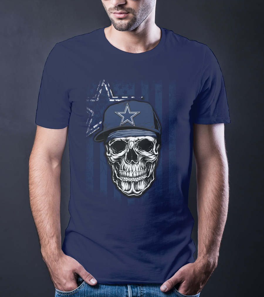 Skull Dallas Cowboys Star Cap With Stripes Background T-Shirt