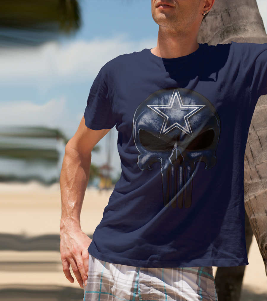 Skull Dallas Cowboys Star Logo Navy Background T-Shirt