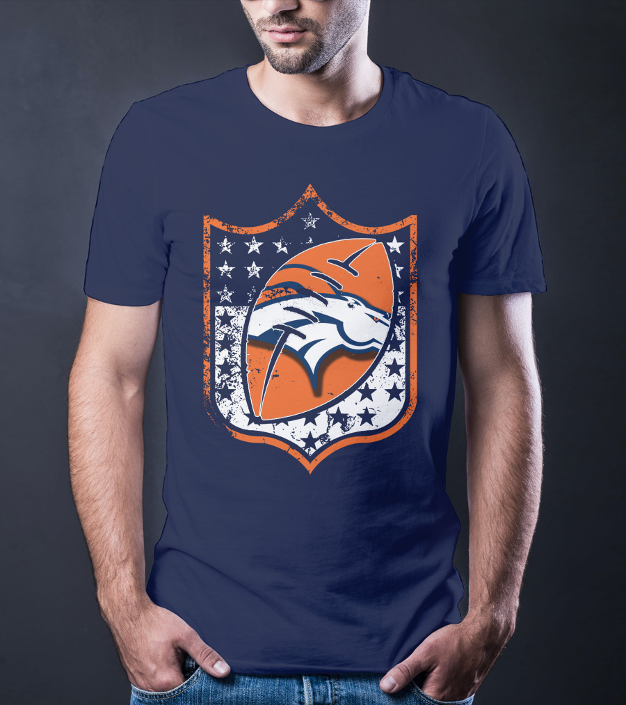 Denver Broncos Vintage Logo With Stars And Orange Shield T-Shirt