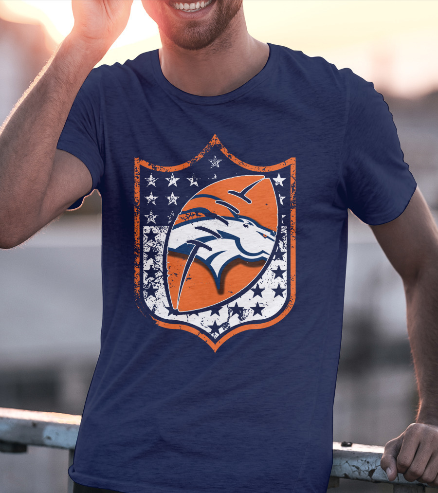 Denver Broncos Vintage Logo With Stars And Orange Shield T-Shirt