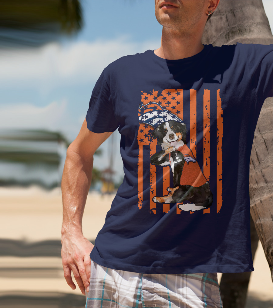 Border Collie I Love Mom Denver Broncos Fan Puppy With Flag T-Shirt