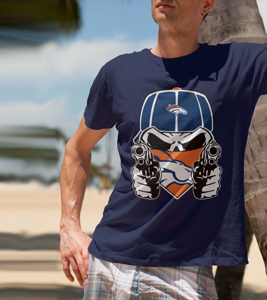 Denver Broncos Skull Bandana Dual Guns T-Shirt