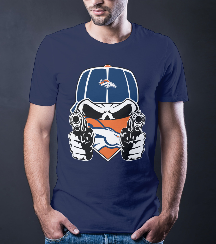 Denver Broncos Skull Bandana Dual Guns T-Shirt