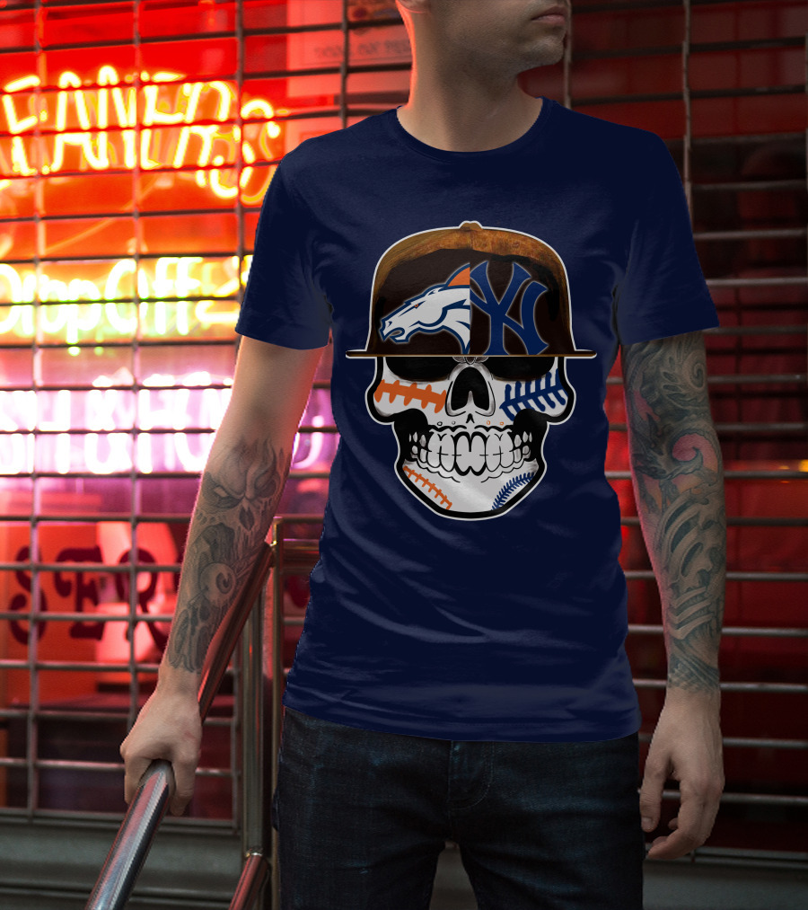 Denver Broncos New York Yankees Skull Sports Fusion T-Shirt