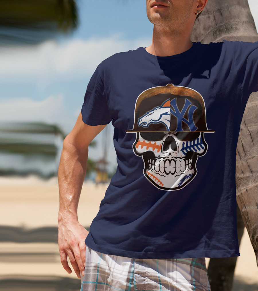 Denver Broncos New York Yankees Skull Sports Fusion T-Shirt