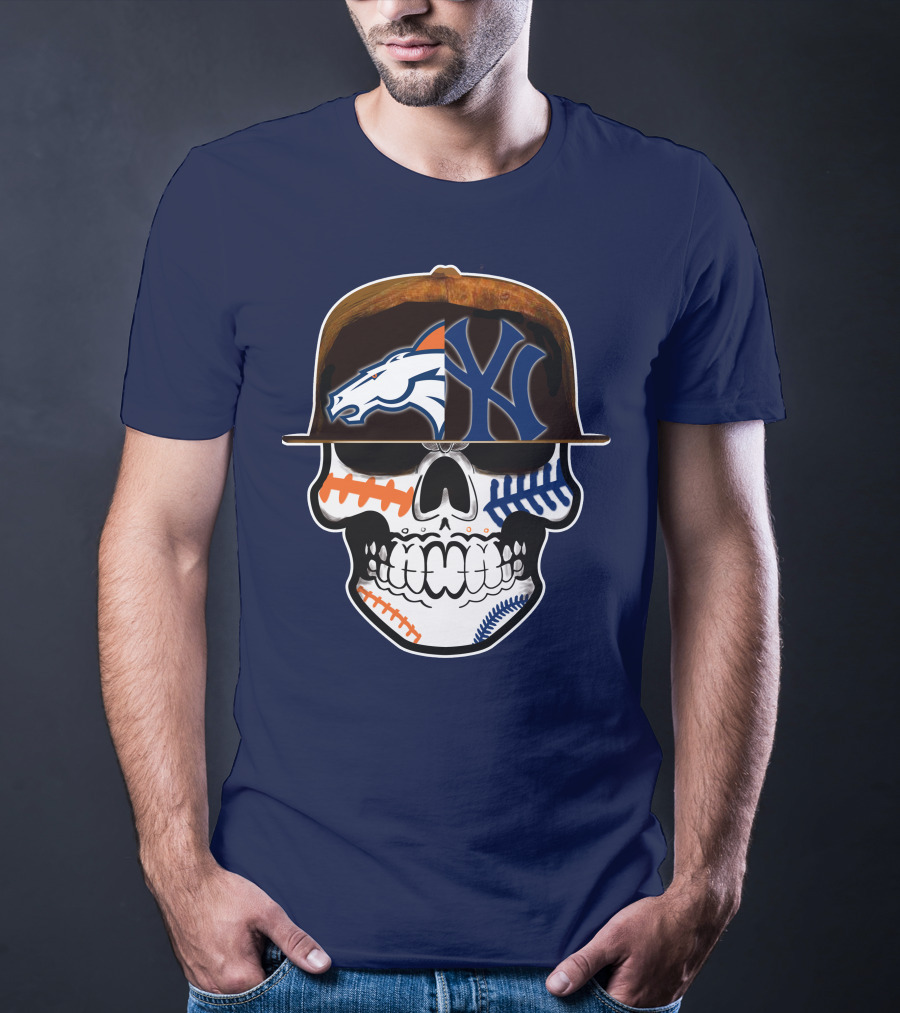 Denver Broncos New York Yankees Skull Sports Fusion T-Shirt