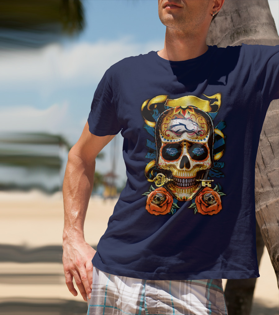 Denver Broncos 42 Sugar Skull Roses Key Ribbon T-Shirt