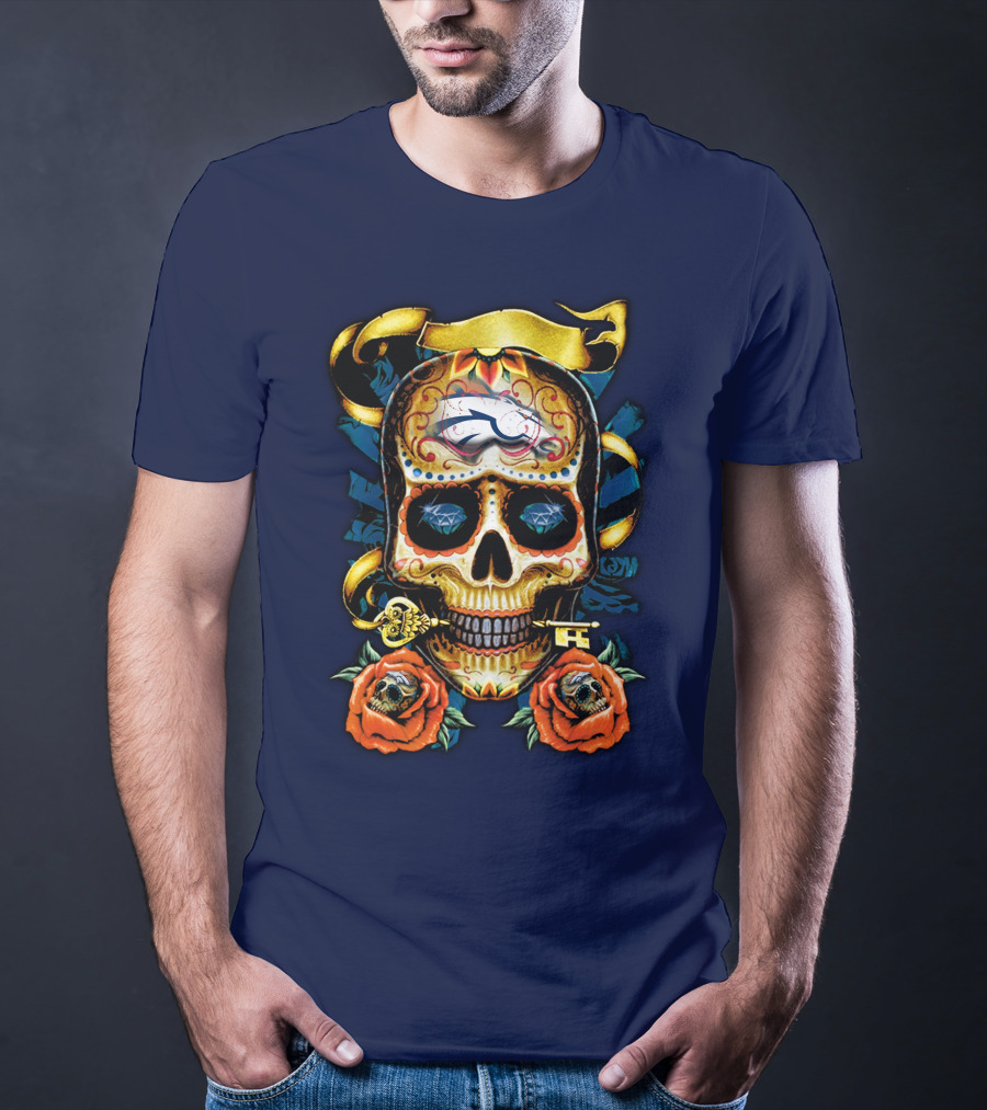 Denver Broncos 42 Sugar Skull Roses Key Ribbon T-Shirt