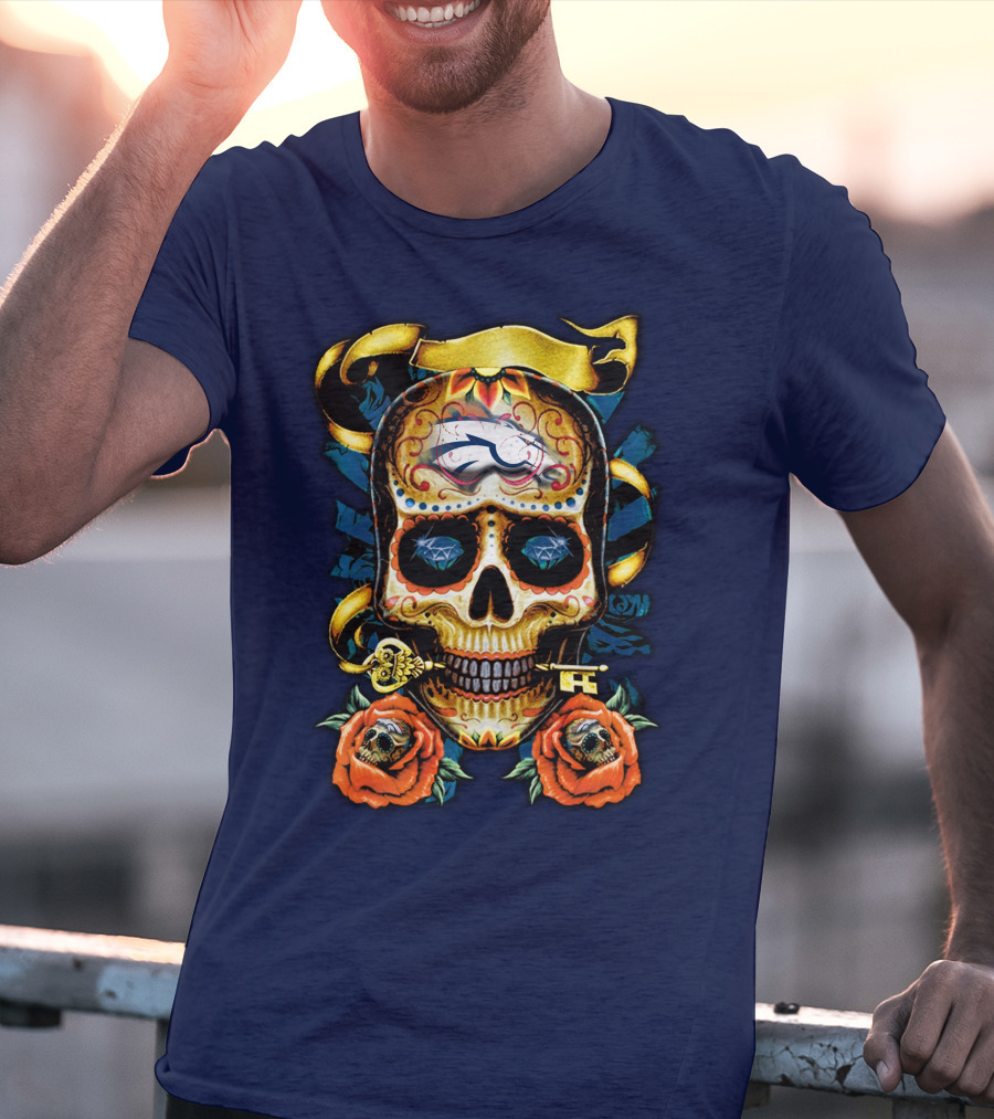 Denver Broncos 42 Sugar Skull Roses Key Ribbon T-Shirt