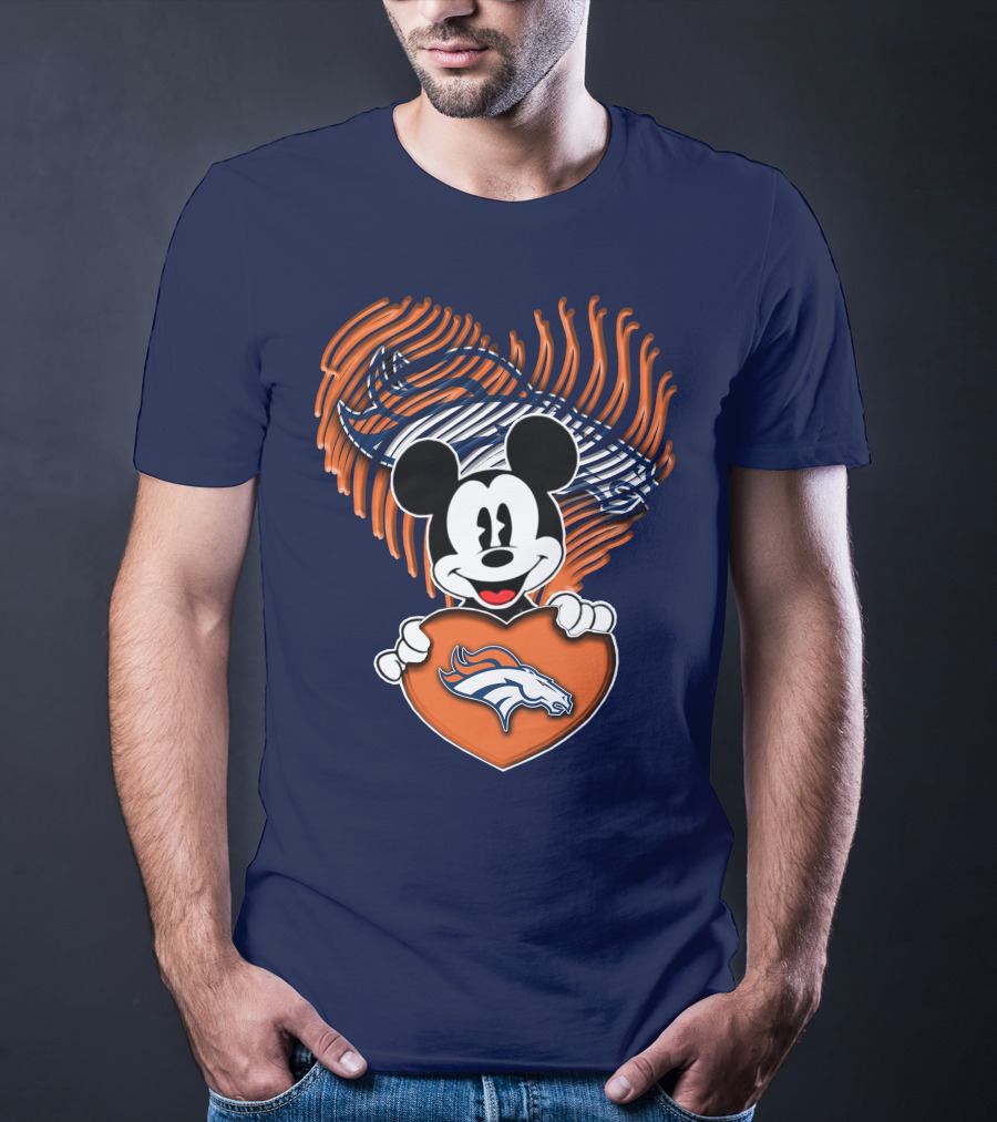 Mickey Mouse Holding Denver Broncos Logo Heart With Bronco Horse Outline T-Shirt