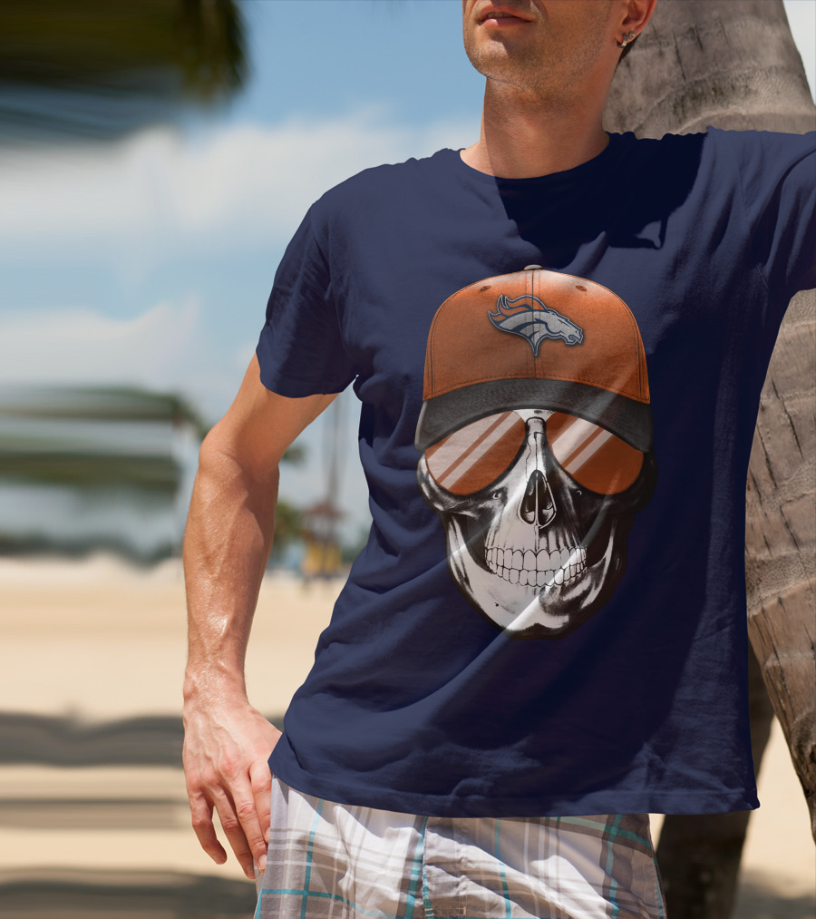 Skull V7 Denver Broncos Cap And Sunglasses T-Shirt