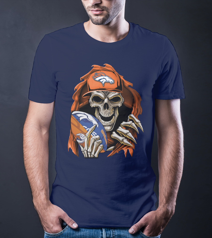 Skullbong Denver Broncos Skeleton Holding Football With Team Logo Helmet And Cap T-Shirt