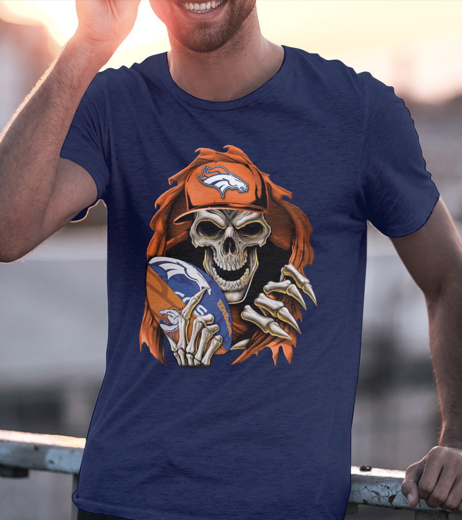 Skullbong Denver Broncos Skeleton Holding Football With Team Logo Helmet And Cap T-Shirt