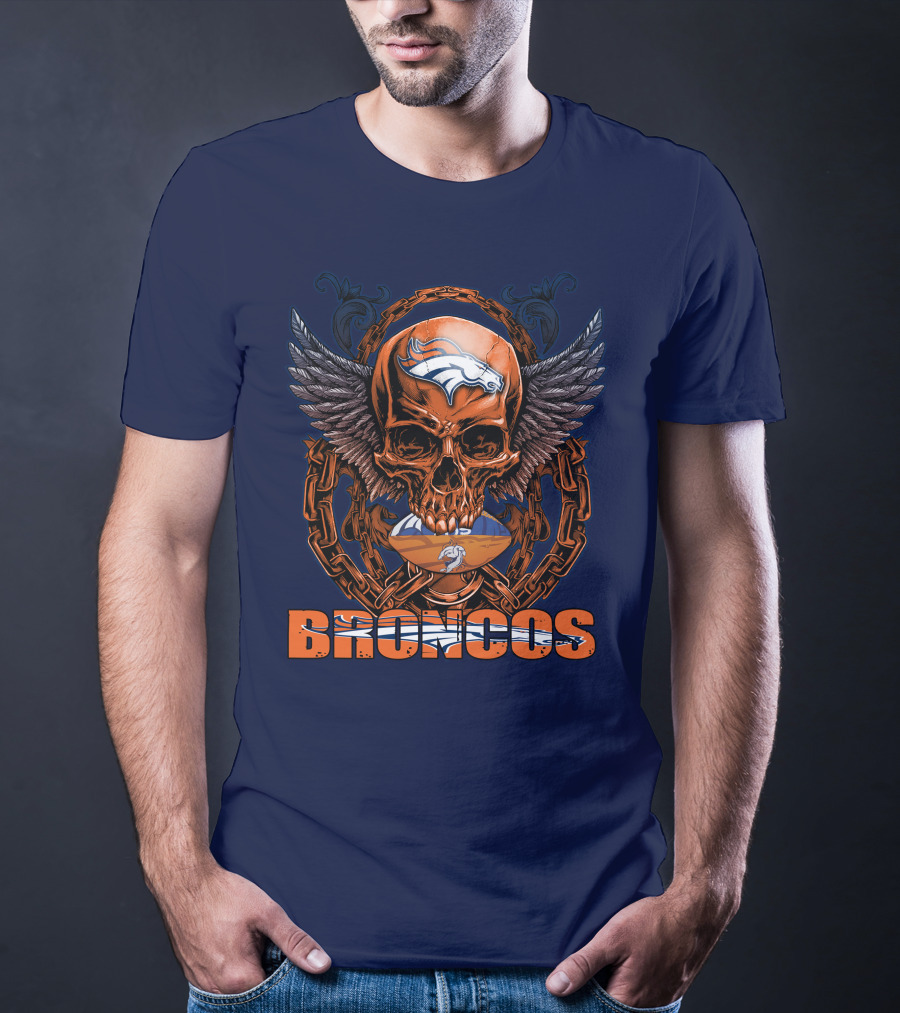 Skullfb Denver Broncos Winged Skull Football Chain T-Shirt