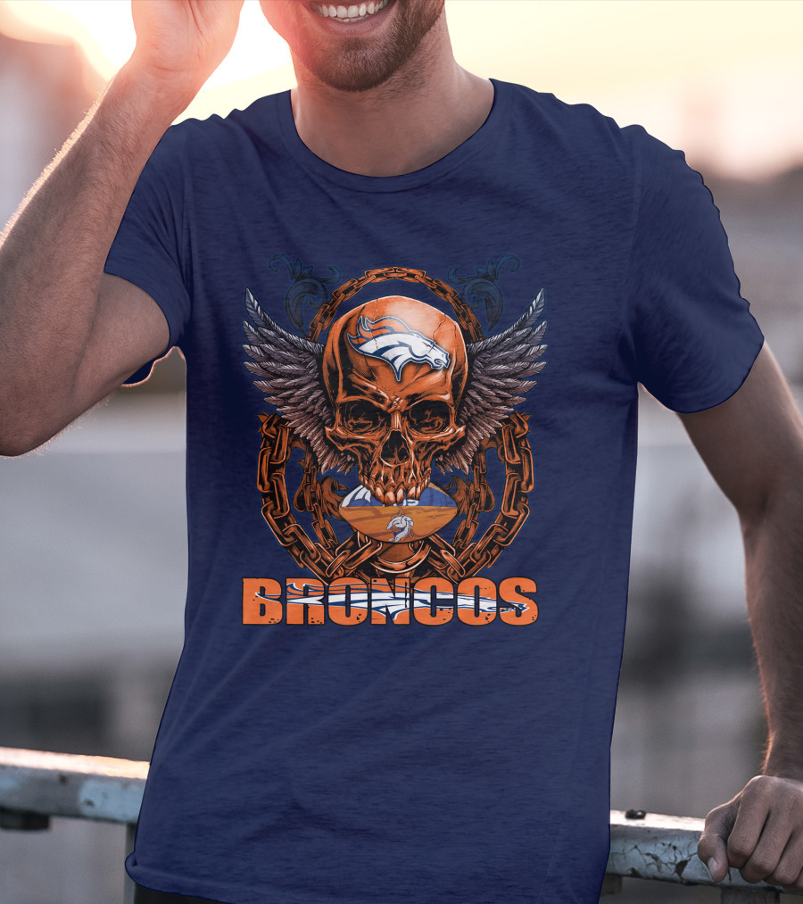 Skullfb Denver Broncos Winged Skull Football Chain T-Shirt