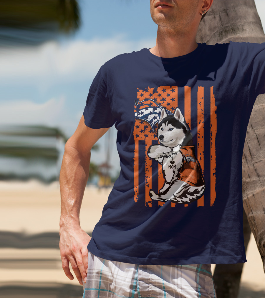 Siberian Husky Mom Denver Broncos Fan Usa Flag T-Shirt
