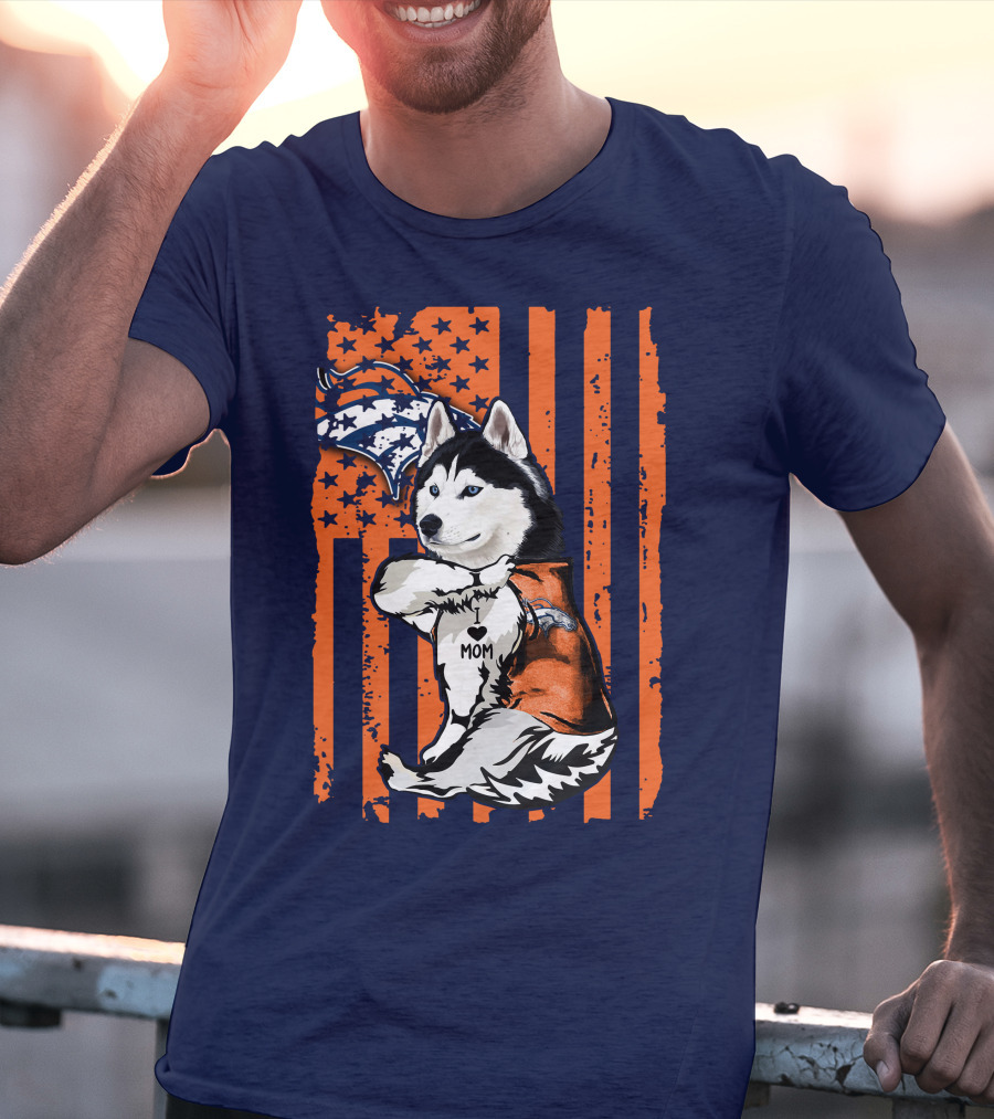Siberian Husky Mom Denver Broncos Fan Usa Flag T-Shirt