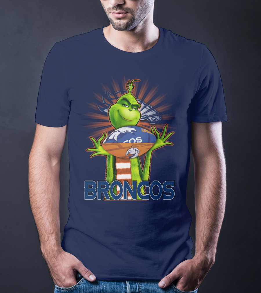 Grinch Holding Denver Broncos Football T-Shirt