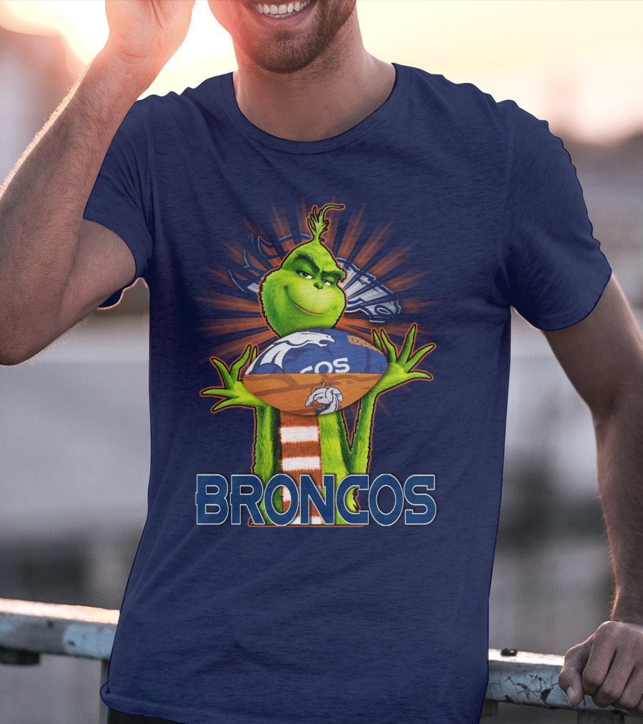 Grinch Holding Denver Broncos Football T-Shirt