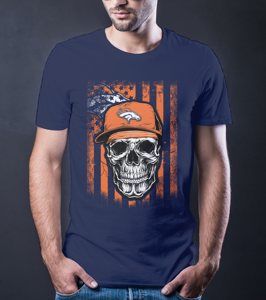 Skull V1 Denver Broncos Flag Style Football Skull Cap T-Shirt