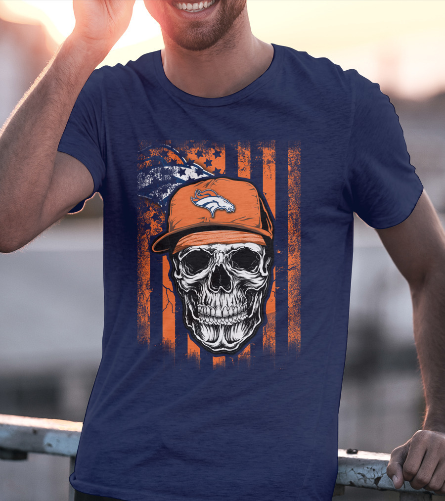 Skull V1 Denver Broncos Flag Style Football Skull Cap T-Shirt
