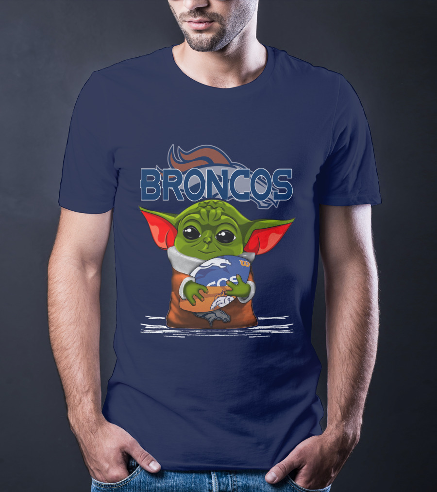 Yoda Holding Denver Broncos Logo With Baby Alien In Orange Robe T-Shirt