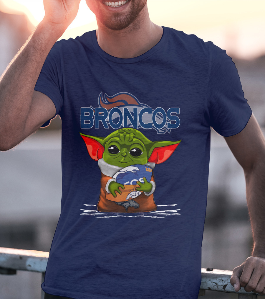 Yoda Holding Denver Broncos Logo With Baby Alien In Orange Robe T-Shirt