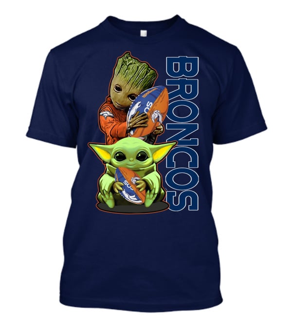 Grzd Denver Broncos Groot And Baby Yoda Holding Broncos Football T-Shirt