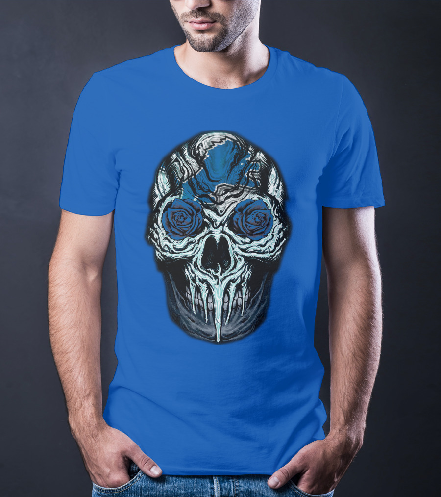 Detroit Lions 57 Skull Blue Roses T-Shirt