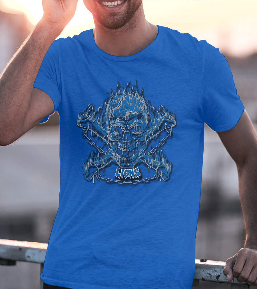 Detroit Lions Skull And Crossbones Fiery Blue T-Shirt