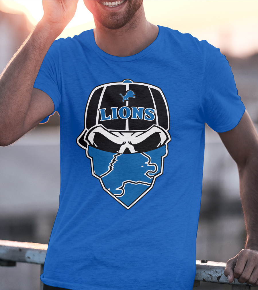Detroit Lions Skull Bandana Cap Logo Blueprint T-Shirt