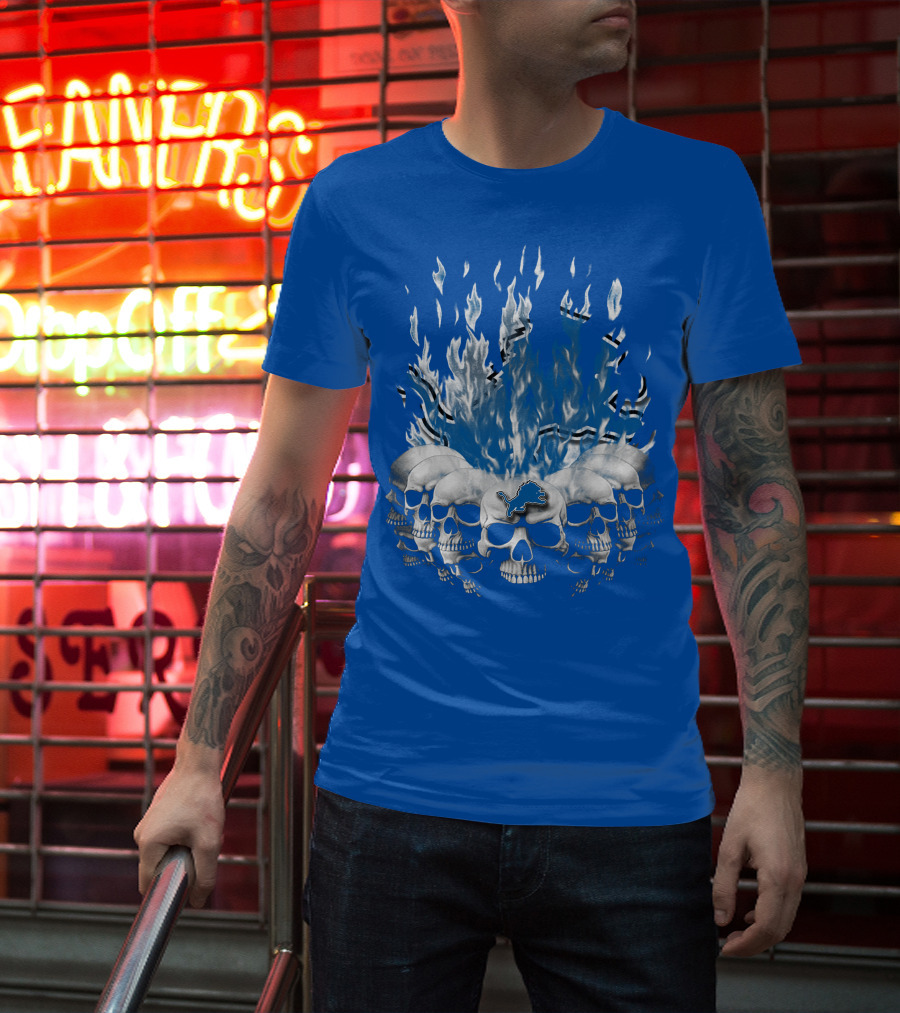 Detroit Lions 16 Flaming Skulls T-Shirt