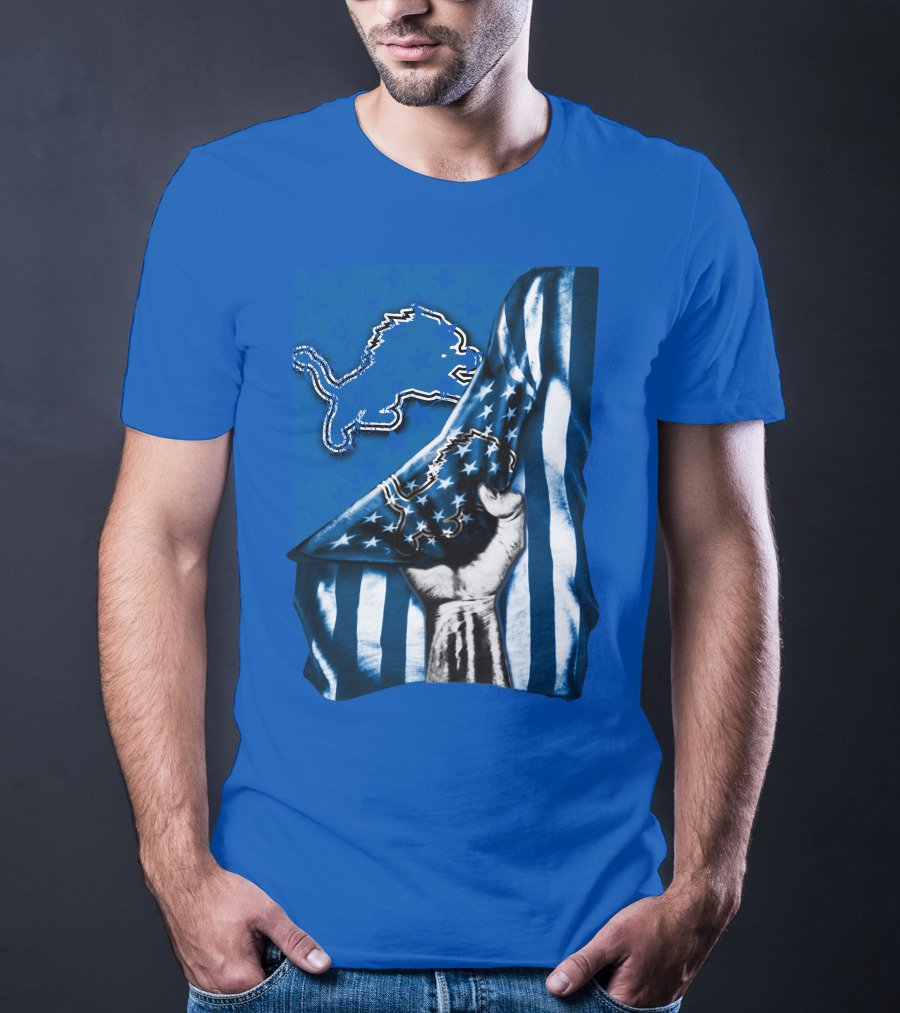 Flag V1 Detroit Lions Blue And White Stars And Stripes Fist T-Shirt