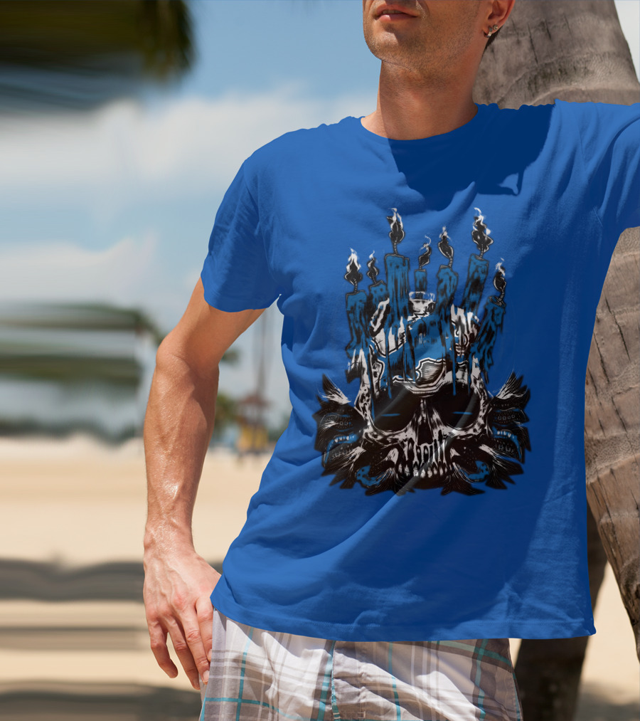 Detroit Lions Skull With Blue Flames And Candles T-Shirt