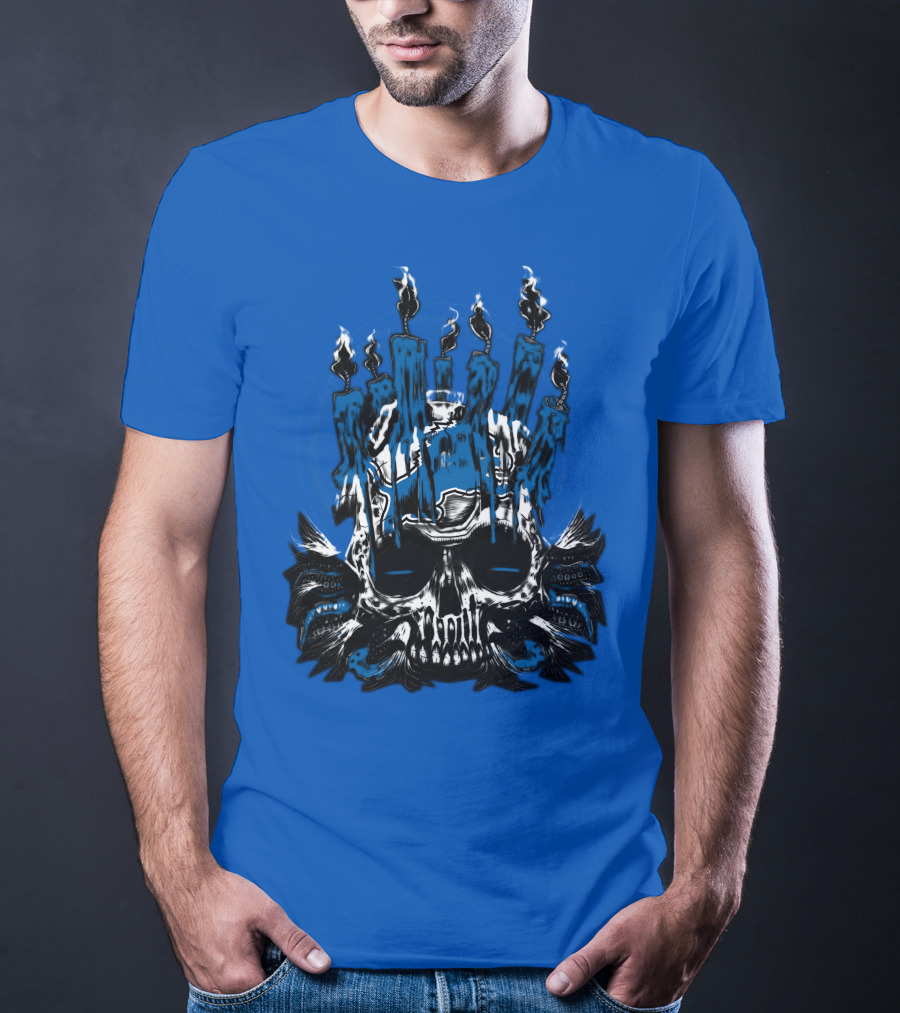 Detroit Lions Skull With Blue Flames And Candles T-Shirt