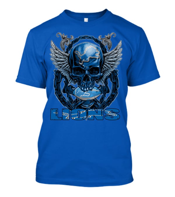 Winged Skull Detroit Lions Emblem Blue Silver Chains T-Shirt