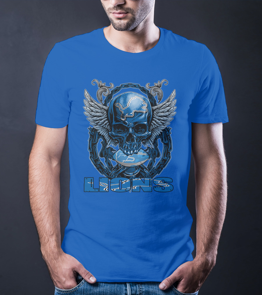 Winged Skull Detroit Lions Emblem Blue Silver Chains T-Shirt